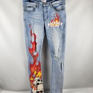 Mackeen Jeans Mens 34 Blue Distressed Skinny Light Wash Painted Skulls Graffiti
